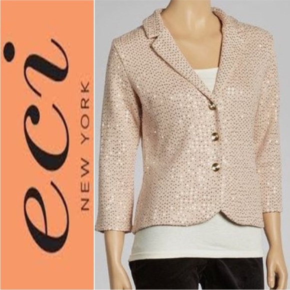 ECI New York Elegant Sequin-Embellished Jacket blazer blush rose gold sequins L - Picture 15 of 16